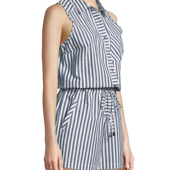 Dex Pants - Dex Striped Cotton Shorts Romper with Collar